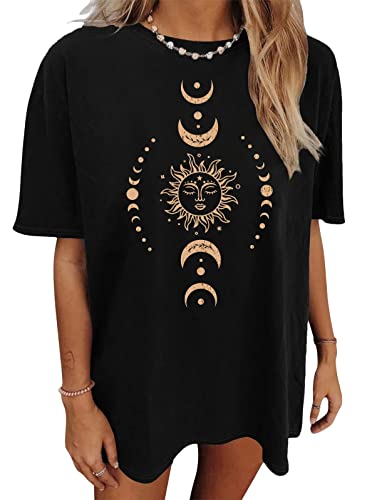 Tomwell Damen Oversized T-Shirt Sommer Kurzarm Vintage Sterne Sonne Mond Motiv Grafikdruck Shirt Lose Rundhals Oberteile Pullover Sweatshirt für Teenager Mädchen Tunika Tops Lang P5 Schwarz XS