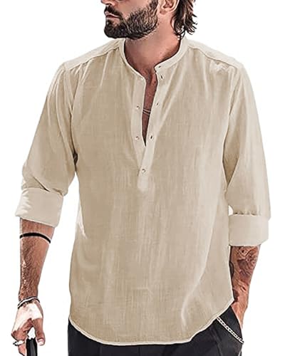 YAOBAOLE Hemd Herren Henley Shirt Hemden für Männer Langarm Sommerhemd Herren Freizeithemd Khaki XL