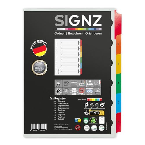 SIGNZ Register DIN A4, 6 - teilig, 5 Stück, extra starke Trennblätter, CO2-neutral hergestellt, made in Germany