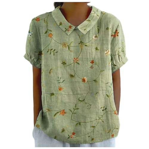 2025 - Damen T-Shirt mit Rundhalsausschnitt, lässig, mit Print, kurzärmelig, Bluse, Knopfleiste, Plissee-Tops Muster (Mint Green, XL)