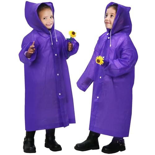 ANYOO Wasserdichte Regenponcho Regencape für Kinder, 2 Stück Regenmäntel Regenjacken mit Kapuze und Lang Ärmeln für Mädchen Jungen Größe 110–150 cm Wandern, Campen, Reisen, Lila