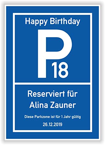 Parkplatzschild - Parkzone - Deko Geschenkidee zum 18, 20, 30, 40, 50, 60 Geburtstag - Kunstdruck Schild - Bild - persönliches Geschenk mit Name und Datum - Geburtstagsschild
