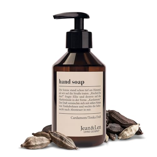Jean & Len Handseife Cardamom & Tonka, reinigt beanspruchte Hände, für die tägliche Anwendung geeignet, Flüssigseife im Pumpspender, exotisch-würziger Duft, vegan, 250 ml