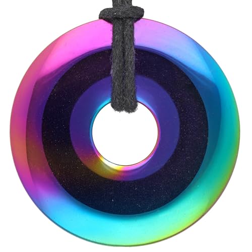 Lebensquelle Plus Bedampfter Regenbogen Hämatit Donut | Ø 40 mm Edelstein Anhänger + Baumwollband | Edelstein Anhänger | Echte Heilsteinkette inkl. Band