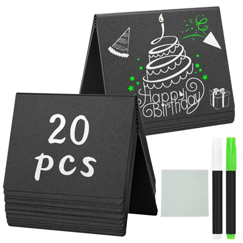 JEFURE 20 Stück PVC Mini Kreidetafeln zum Beschriften, V-Form Kleine Tafel für Preisschilder Aufsteller, Tischkarten, Buffet Schilder, Mini Tafeln mit 2 Stifte und 1 Putztuch für Party, Restaurant