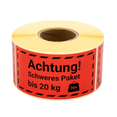 MD Labels Warnetiketten auf rolle 100x50mm ACHTUNG SCHWERES PAKET bis 20 KG 500 Stück - Paketaufkleber für Sendungen -Versandetiketten– Paketaufkleber