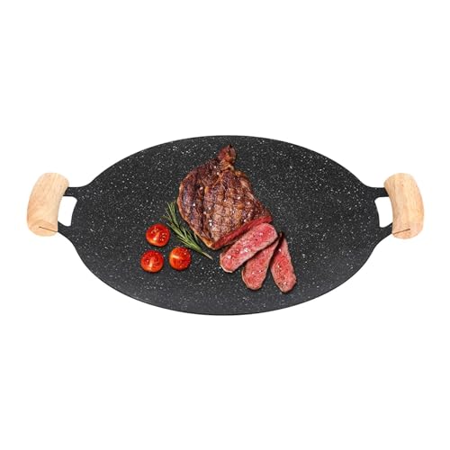 Grillpfanne - Antihaftbeschichtete Gusseisenpfanne mit doppeltem Holzgriff, Grillplatte, multifunktionale Fleischplatte | Pfannkuchen, Rippchen