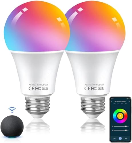 HUTAKUZE Alexa Glühbirnen E27 Smart LED Lampe, 9W 806LM WLAN Mehrfarbige Dimmbare Birne, App Steuern Kompatibel mit Alexa Echo, Google Home, kein Hub benötigt, Warmweiß/Kaltesweiß licht, 2er Pack