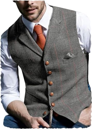 Aesido Herren Weste Anzugweste Slim Fit Kariert Wolle Tweed Weste Kragenweste Westen Smoking Frack Business Hochzeit(Grau,L)