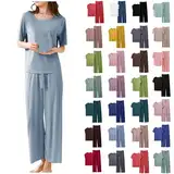Day Prime Deals Damen Loungewear Set Sommer Kurzarm T Shirt und Lang Schlafanzughosen Homewear 2 Pieces Outfits Elegant Pyjama Rundhals Elastischer Bund Sleepwear Hausanzug Outdoor Freizeit Sets