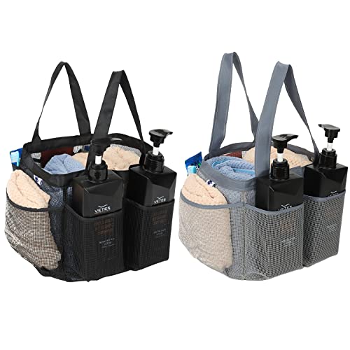 Nvatorfox 2 Stück Haundry Mesh Dusche Caddy Tote Hängende Tragbare Kulturbeutel Essentials Schnell Trocknen Bad Organizer für Studentenwohnheime Fitnessstudio Camp für Badezimmerzubehör (Grau+Schwarz)