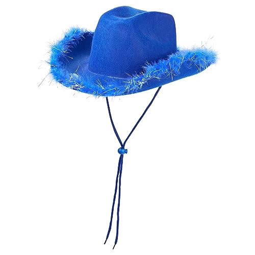 YILEEGOO Damen Halloween Cowgirl Hut Cowboy Hüte Flauschige Feder Krempe Cowboyhut für Junggesellinnenabschied, Kostümparty, Spielen Verkleiden (W4 Blau, Einheitsgröße)