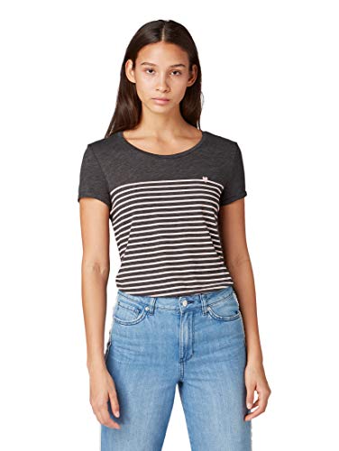 TOM TAILOR Denim Damen Streifen T-Shirt mit Herz-Stickerei auf der Brust,19022 - Dark Grey Rose Stripe,XL