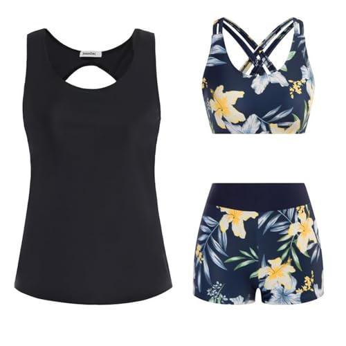 Generisch 3-teiliger Tankini Damen Bauchweg Bademode Set Tank Top mit Push-up-Bikinioberteil und High Waist Badeshorts Boho Einfache Badebekleidung Damen-Sport-Badeanzug für Schwimmbad Strand