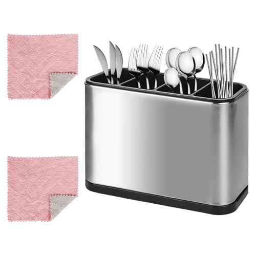 Trendecor 4 Fächer Besteckhalter, Küchenutensilienhalter mit 2 Putztuch für Küche Edelstahl Esszimmer Abtropfschale Besteckkasten Caddy Halter für Essstäbchen Löffel Messer und Gabeln
