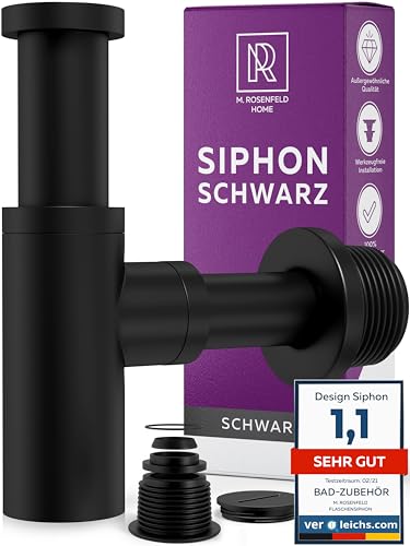 Siphon Schwarz Matt für Waschbecken, Premium Siphon Waschtisch, Messing Wände, Geruchsverschluss inkl. Dichtungen und Reinigungsöffnung, 1 1/4", 60-140mm Höhe, 330mm Länge – M. ROSENFELD HOME
