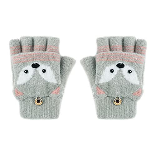 Fäustlinge mit Knopf Klappe Fingerlose Handschuhe für Kinder Kleinkinder Winter Warm Strickhandschuhe Plüschfutter Winterhandschuhe Herbst und Winter Fingerhandschuh Unisex (Fuchs-Grün)