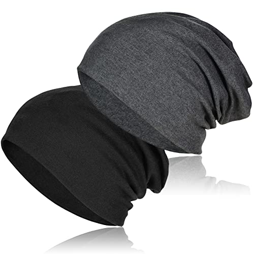 TSKNOMO 2 Stück weiche Baumwoll-Slouchy-Mütze, Dehnbare Beanie-Hüte Baggy Skull Cap Chemo-Hüte für Männer und Frauen