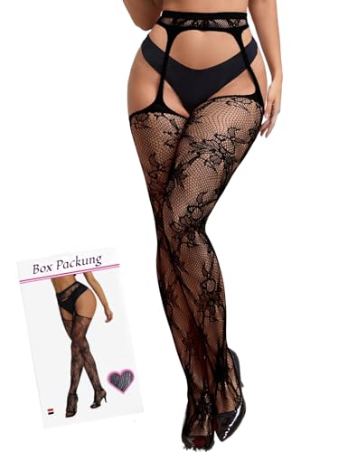 ohyeahlady Strumpfhosen Ouvert für Damen xxl Sexy mit Muster Strapsstrümpfe Offener Schritt Große Größen Spitze Strümpfe Strapse Dessous Übergroße Elastisch Strapsstrumpfhose Socken Schwarz,L-XXL