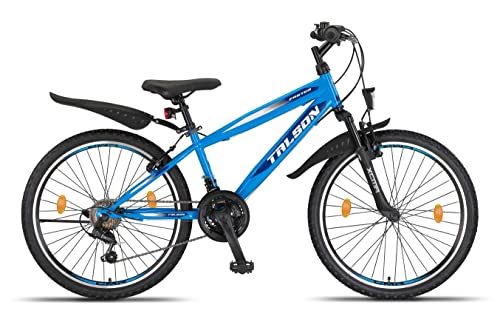 Talson 24 Zoll Mountainbike Fahrrad mit 21-Gang, Gabelfederung & Beleuchtung Blau