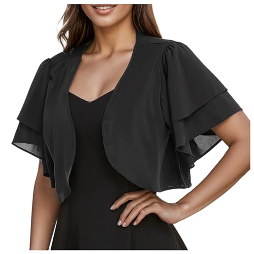 Generisch 2025, einfarbig, kurzärmelig, abgeschnittener Bolero, vorne offen, Chiffon-Strickjacke Kleid Sexy (Black, XXL)
