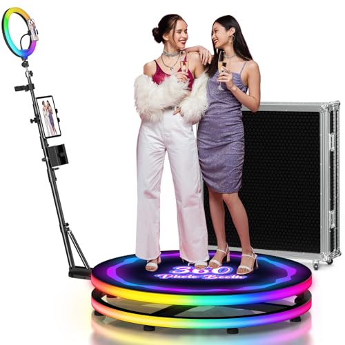 360 Photo Booth, 360-Grad-Kameraautomat mit anpassbarem Logo, APP-Fernbedienung, RGB-Ringlicht, 360-Grad-Spin-Fotoautoma mit Flightcase, Multi-Geräte-Unterstützung für Fotografie (80cm)