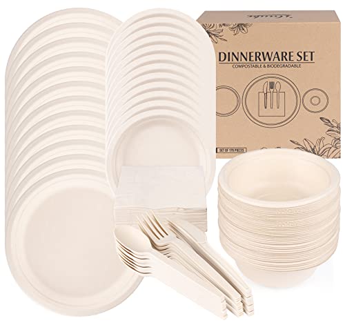 ilauke 170 Stück Einweggeschirr Pappgeschirr Set,Kompostierbar & Biologisch Abbaubar Pappteller inkl.40 Teller,20 Gabeln,20 Messer,20 Löffel,50 Servietten und 20 Schüsseln für Grillfest Camping Party