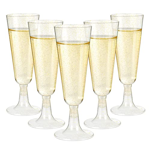 Czemo 50 Stück Sektgläser Plastik Sektglas Gold Sektgläser Kunststoff Hartplastik Becher Champagnergläser Sektflöten für Hochzeiten, Geburtstage, Picknicks, Partys & Outdoor, 150ml