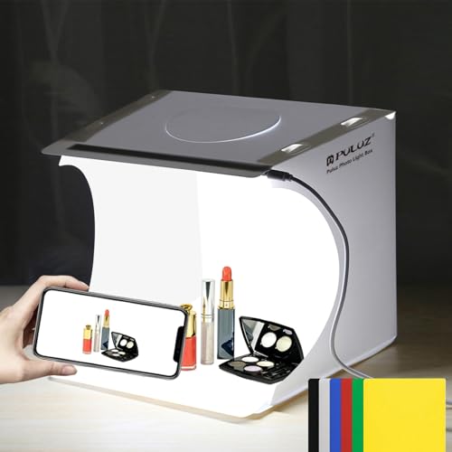 PULUZ Mini-Fotostudio-Lichtbox, tragbar, faltbar, Foto-Beleuchtungszelt-Set mit 5500 K LED-Lichtern, 6 farbige Hintergründe für kleine Gegenstände, Produktfotografie, 21 cm