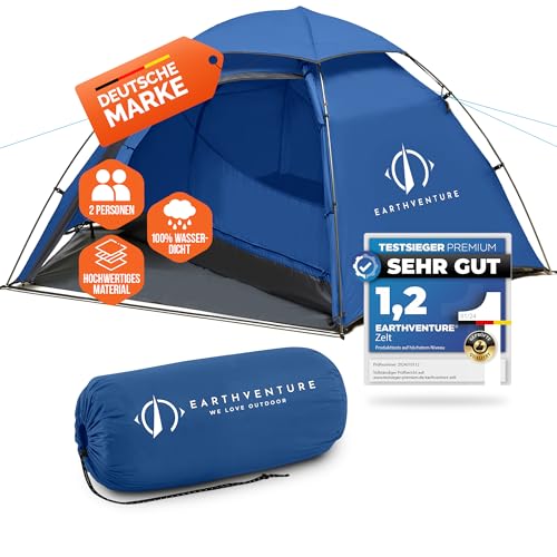 EARTHVENTURE® Camping Zelt für 2 Personen - Wasserdicht, Schneller & Leichter Aufbau - Ultraleicht, Kleines Packmaß - Für Trekking, Outdoor, Festival & Motorrad