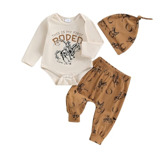 Chloefairy Western-Baby-Kleidung für Jungen mit Aufschrift "Fall My First Rodeo", langärmelig, Strampler, Hose, Set, Mütze, 3-teiliges Cowboy-Outfit für Neugeborene, Khaki, 0-3 Monate