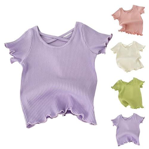 T Shirt Baby Mädchen Kurzarm Baumwoll Tshirt mit Rüschen Coole Basic Tops Einfarbig Kinderkleidung Rundhals Atmungsaktiv Leicht Lässig Oberteile (Purple, 4-5 Years)