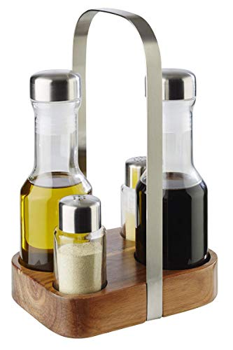 APS Menage-Set „Wood“ – Premium Trage für Pfeffer- und Salzstreuer, sowie Essig und Öl mit Holzständer – matt poliert Edelstahlträger und mit möbelschonender Unterseite am Bodenelement