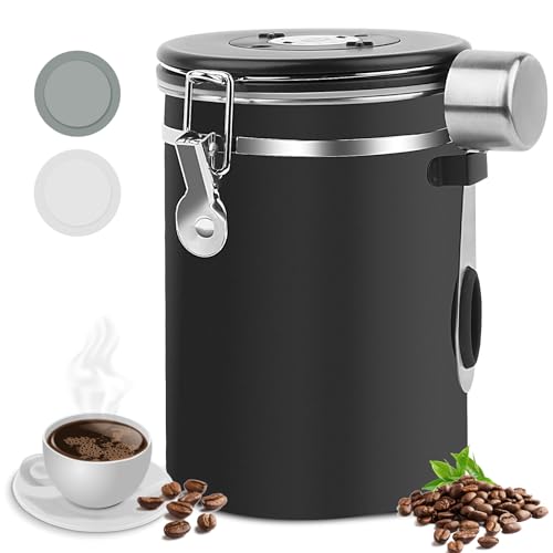 LWMTT Luftdichter Kaffeebehälter aus Edelstahl, 1,8L, mit Auslassventil, Vorratsdose für Kaffeebohnen, Nüsse, Kakao (BK)