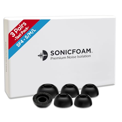 SONICFOAM Memory-Schaum-Ohrhörer-Aufsätze – Prämie Geräuschisolierung, Ersatz-Ohrhöreraufsätze aus Schaumstoff, 3 Paar für In-Ear-Kopfhörer (SF4, S/M/L, Schwarz, Testerpaket)