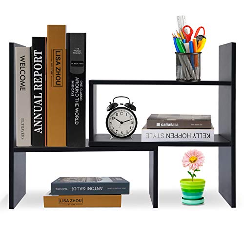 Hossejoy Bücherregal, Einstellbar Standregal Bücherregal, Bücher Halter für Regal, Erweiterbar Standregal Holzregal aus Holz für Büro, Wohnzimmer (Schwarz)