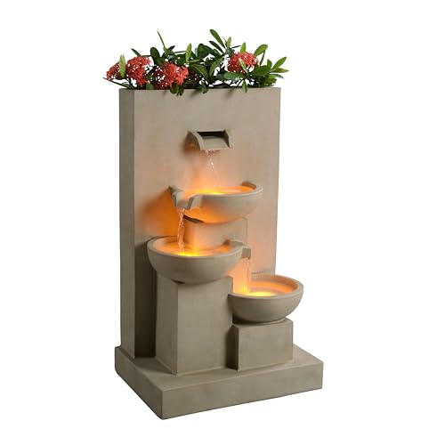 Teamson Home 74 cm 3-stufiger Kaskadierender Outdoor-Wasserbrunnen mit Pflanzgefäß, LED-Leuchten für Außenbereiche, Natur