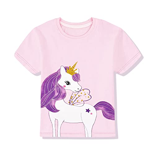 Mädchen T Shirt Kinder Shirt Baumwoll Tops Einhorn Kurzärm Mädchen Sommer Tops Stickerei Design mit Aufdruck und Farbe im Shirt,Rosa 3-4 Jahre