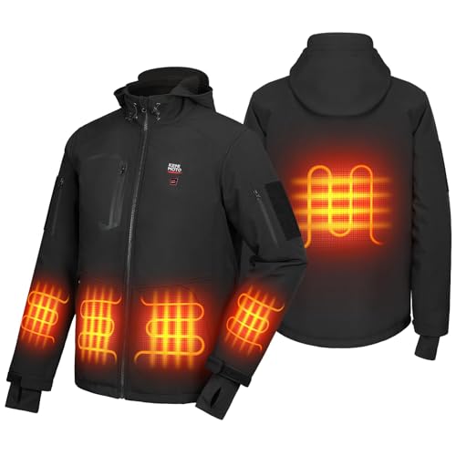KEMIMOTO beheizbare Jacke Herren mit 15000mAh Akku, 100% wasserdicht beheizte Softshelljacke mit 5 Heizonen, USB Eletriksche Winterjacke für Ski Fahren, Wandern, Fahren, Outdoor Ativitäten
