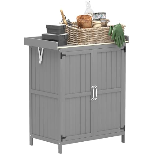 Outsunny Gartenschrank Holz, Geräteschuppen wetterfest 74x43x88cm, Gerätehaus mit Klappdach Ablagen, Arbeitsfläche, Geräteschrank, Gartenhaus Werkzeugschrank Gartenschuppen für Garten, Grau