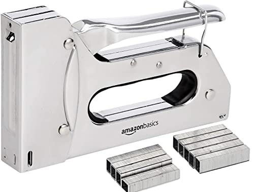 Amazon Basics Strapazierfähiger Handtacker, Tackerpistole mit 1000 Heftklammern, für Polstermöbel, Hausreparaturen, Tischlerarbeiten und andere professionelle Projekte, Silberfarben