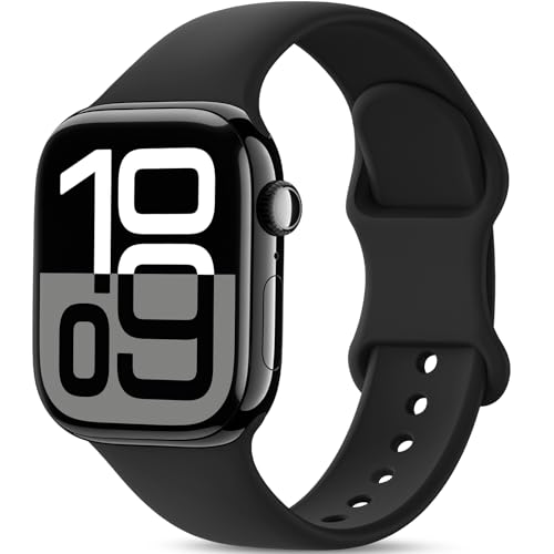 AMSKY Silikon Sport Armbänder Kompatibel mit Apple Watch Armband 40mm 42mm 46mm 44mm 45mm 41mm 38mm, Damen Herren Weiche Wasserdicht Gummi Band für iWatch Series 10 9 8 7 6 5 4 3 2 1 Se, Schwarz