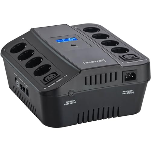 Accurat UPS Unterbrechungsfrei Stromversorgung Flux850-850VA/510W, AVR, LCD, AC, 2 Schuko-Steckdose, C13, Überspannungsschutz, RJ45, USB A/B- Line Interactive USV, Netzinteraktive Notstromversorgung