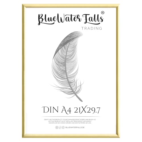 Bluewaterfalls Trading Bilderrahmen Gold Metall DIN A4 21x30 cm | Dokumentenrahmen 21x29,7 cm | Alu-Bilderrahmen Aluminium Metallrahmen | Picture Frame A4 Fotorahmen
