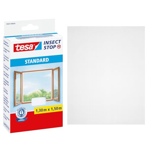 tesa Insect Stop Standard Fliegengitter für Fenster - Insektenschutz zuschneidbar - Mückenschutz ohne Bohren - 1 x Fliegen Netz weiß - 130 cm x 150 cm