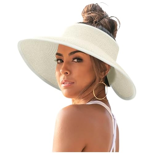 Strohhut Damen Faltbar mit Loch Zopf - Breite Krempe UV-Schutz Sonnenhut Stroh Roll Up Sommer Strand Packbar Faltbar UV UPF Hut Gärtner Sommerhut Strandhut Hawaii Hut Urlaub Strand Garten Partys