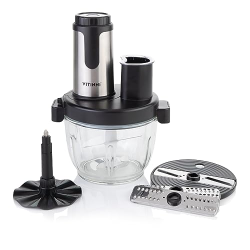 Vitinni Küchenmaschine, 2L Glasschüssel, Schneiden, Zerkleinern, Pürieren, Hacken, Raspeln, Einfache Steuerung per Knopfdruck, Universalzerkleinerer f. Gemüse, Obst & Fleisch,350W
