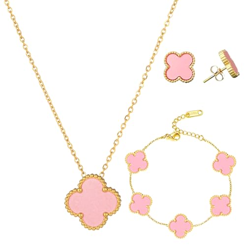 Vierblättriges Glücksklee Schmuckset 18k Vergoldet Vierblättriges Kleeblatt Schmuckset Anhänger Halskette Ohrstecker Armband Emaille Schmuck Set Für Muttertagsgeschenke Geschenke Valentinstag,Rosa