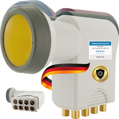 SCHWAIGER Octo LNB 8 Teilnehmer LNC 8-Fach digital HD 4K 8fach Sun Protect hitzebeständig bis 220°C F-Anschlüsse vergoldet integrierter Multischalter für SAT Antenne Satellitenschüssel hellgrau