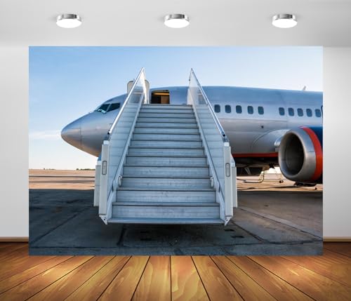 BELECO 2,1 x 1,5 m Stoff Flugzeug Hintergrund Passagierflugzeug mit Einstiegsstufen am Flughafen Schürze Hintergrund Flugzeug Party Dekorationen Geburtstag Shooting Studio Booth Foto Requisiten